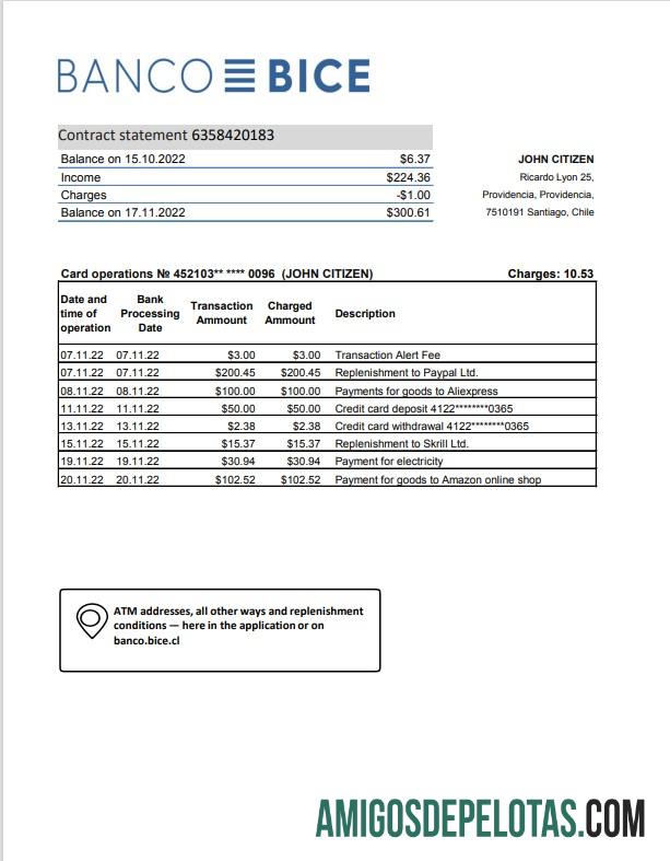 Modelo realista de extrato bancário do Chile Banco Bice, formato Excel e PDF